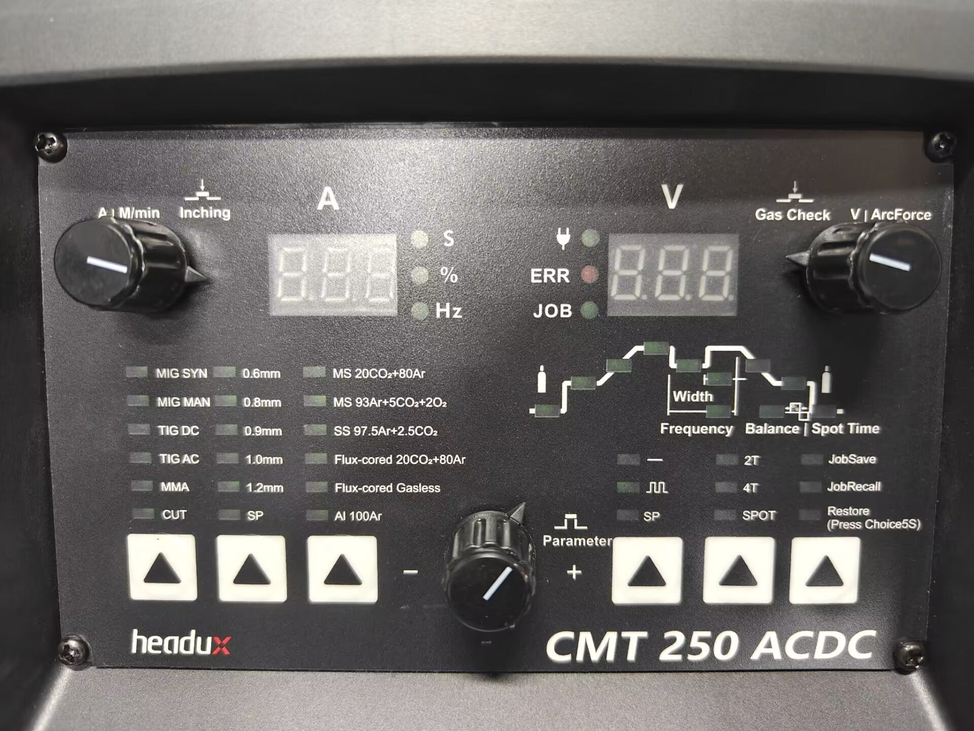 Control panel of a CMT 250 ACDC welding machine with various settings and indicators.